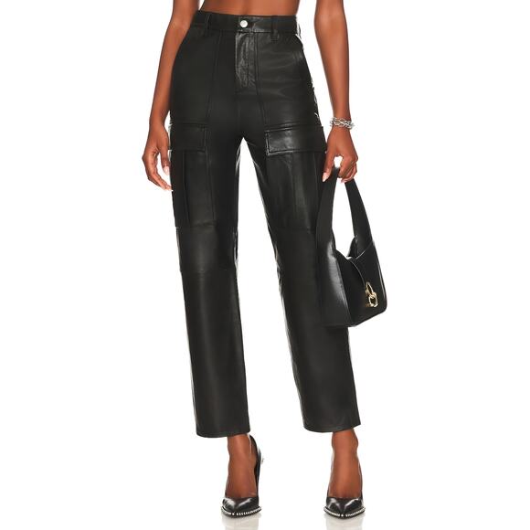 GRLFRND Gianna Straight Leg Cargo Leather Pants Black High Rise Size 24 NWT